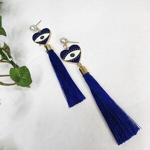 Navy Blue Evil Eye Tassel Earrings